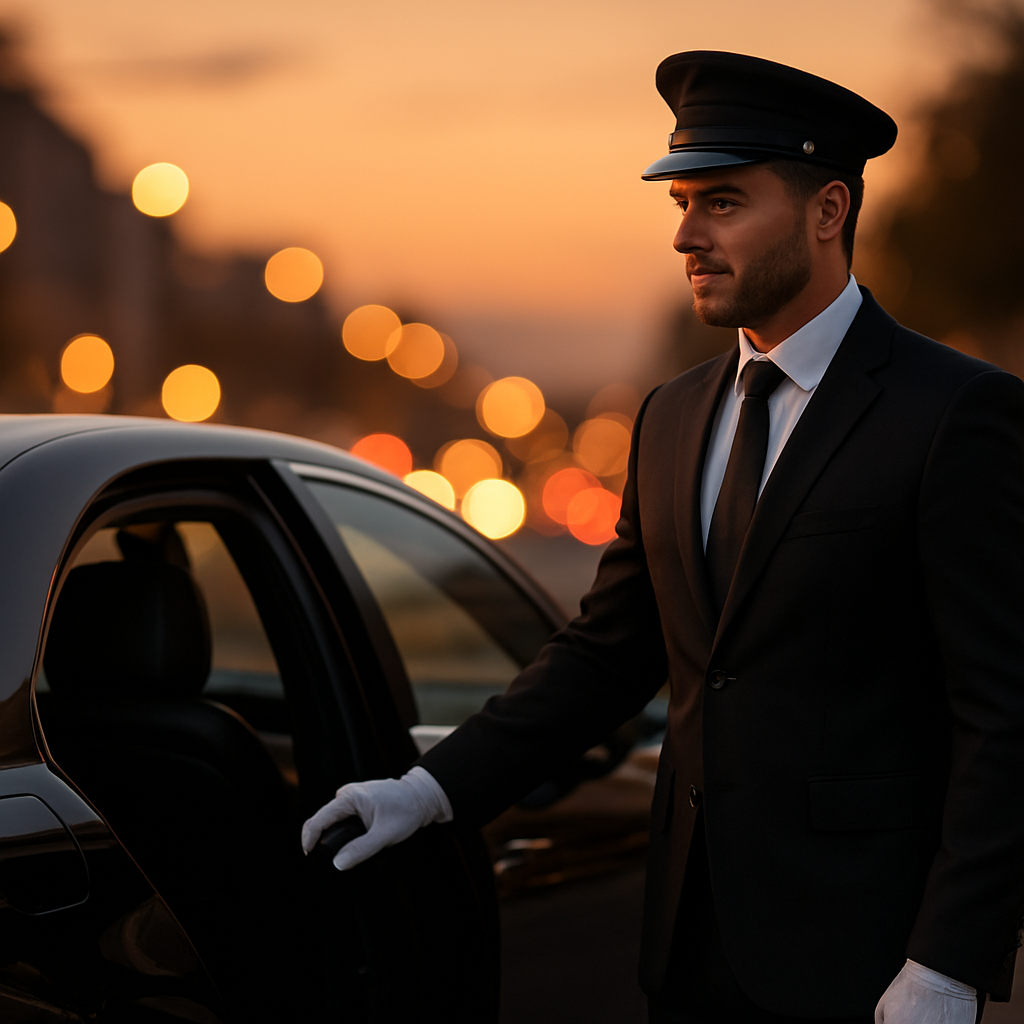 Professional chauffeur opening the door of a luxury vehicle